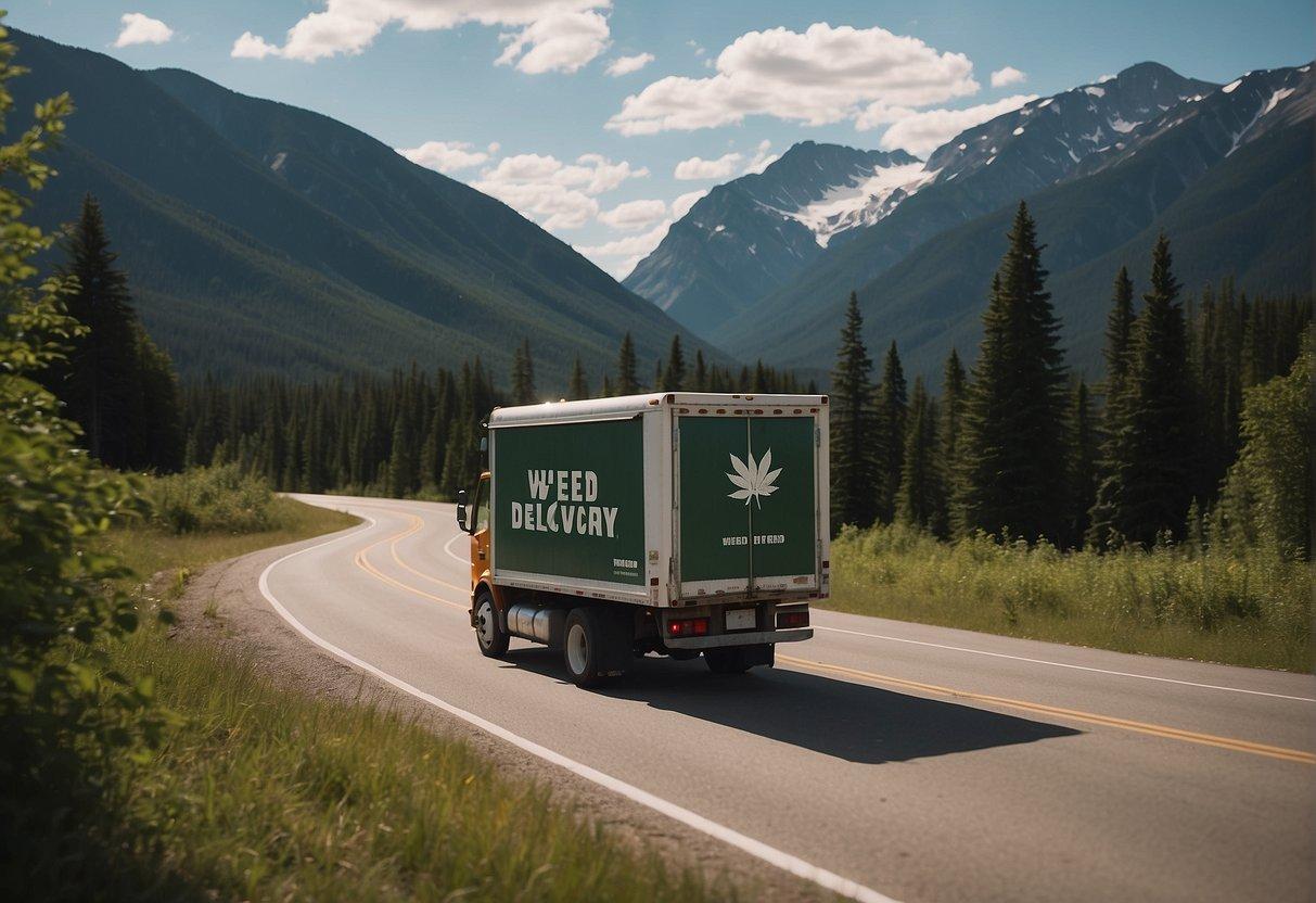 A delivery truck travels through a scenic Canadian landscape, crossing provincial borders with a sign that reads "Weed Delivery: Canada."