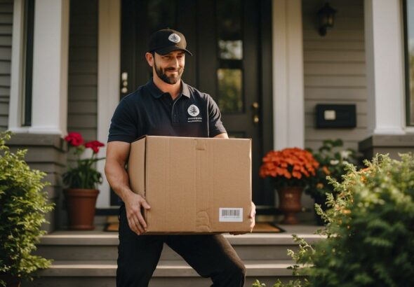 A delivery person drops off a package at a suburban home, with a clear Canada Weed Delivery logo on the box. The house is surrounded by greenery and a Canadian flag hangs from the front porch