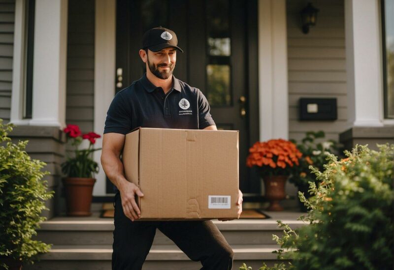A delivery person drops off a package at a suburban home, with a clear Canada Weed Delivery logo on the box. The house is surrounded by greenery and a Canadian flag hangs from the front porch