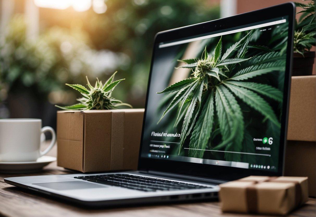 A computer with a cannabis website open, a delivery truck outside, and a package being dropped off at a front door